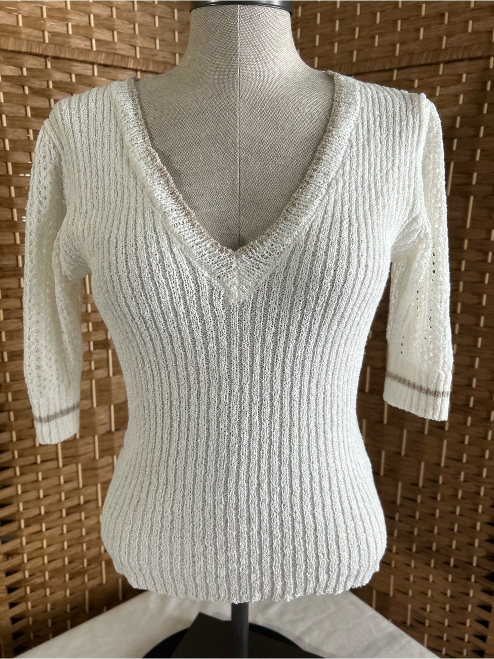 Ivory Ribbed V Neck Knit Sweater Top 3/4 Sleeve Coastal Boho Medium